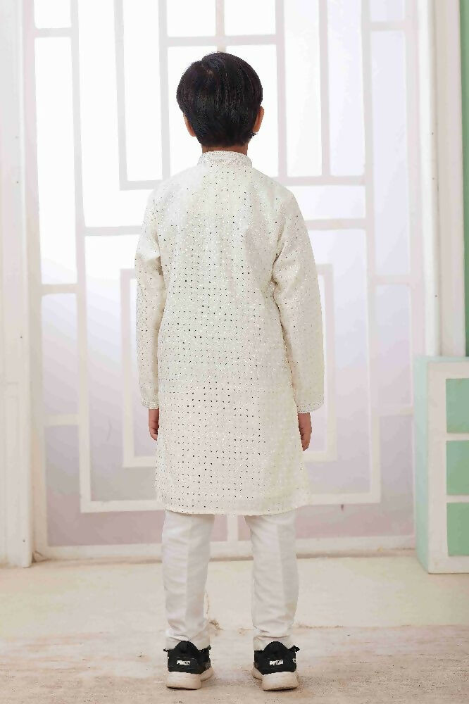 Raivat Ethnic Art Silk Embroidery Work Kids Kurta Pajama In Cream Colour | Grocsy