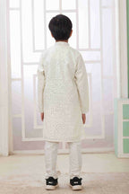 Raivat Ethnic Art Silk Embroidery Work Kids Kurta Pajama In Cream Colour | Grocsy