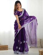 Joban Fashion Shimmer Chiffon Pastel Purple Color Sequence Saree | Grocsy