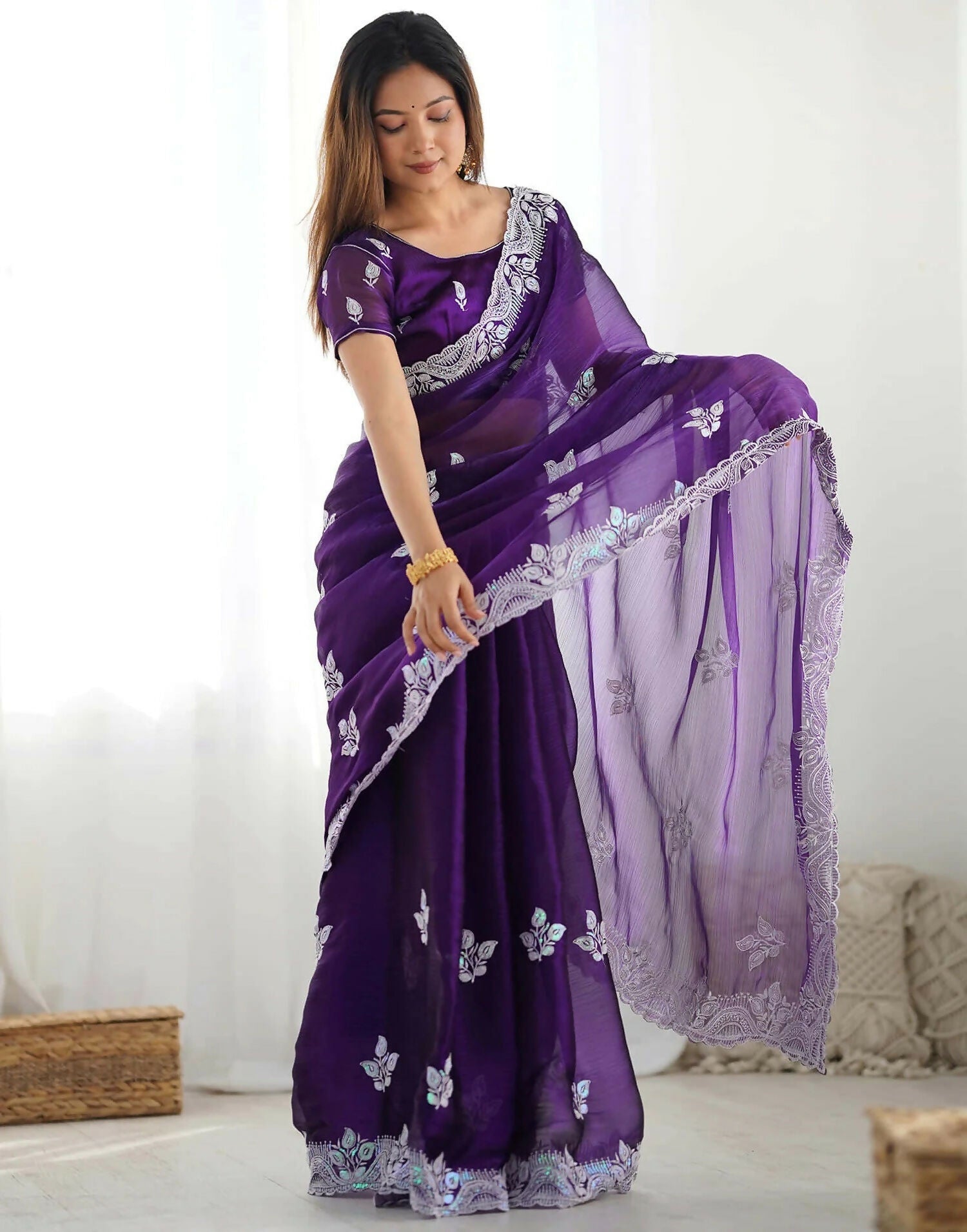 Joban Fashion Shimmer Chiffon Pastel Purple Color Sequence Saree | Grocsy
