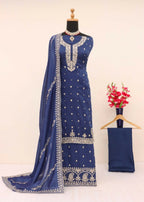 Vastranavya Glamorous Blue Chinon Palazzo Suit With Intricate Sequins Embroidery Work with Dupatta | Grocsy