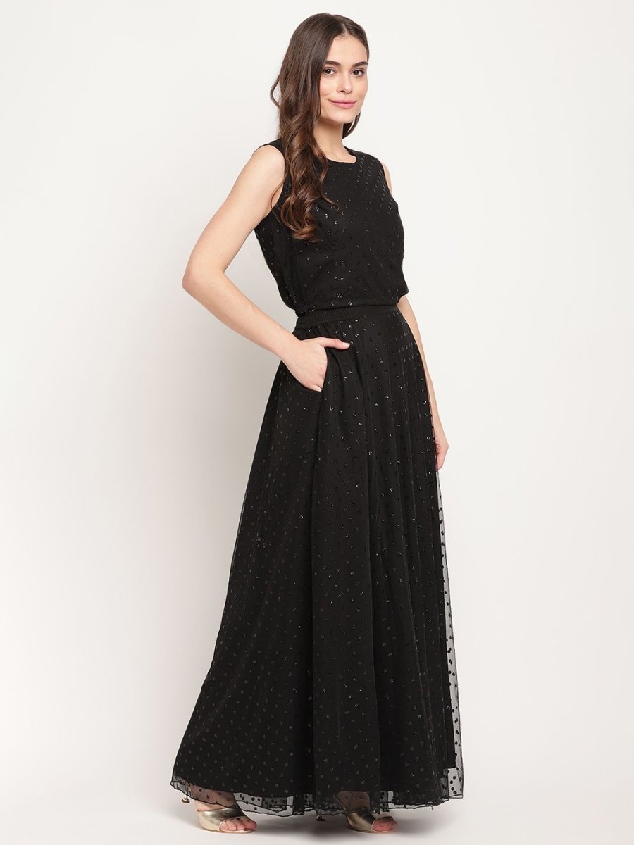 Ahalyaa Women's Black Net Glitter Print Top Skirt Set With Dupatta | Grocsy