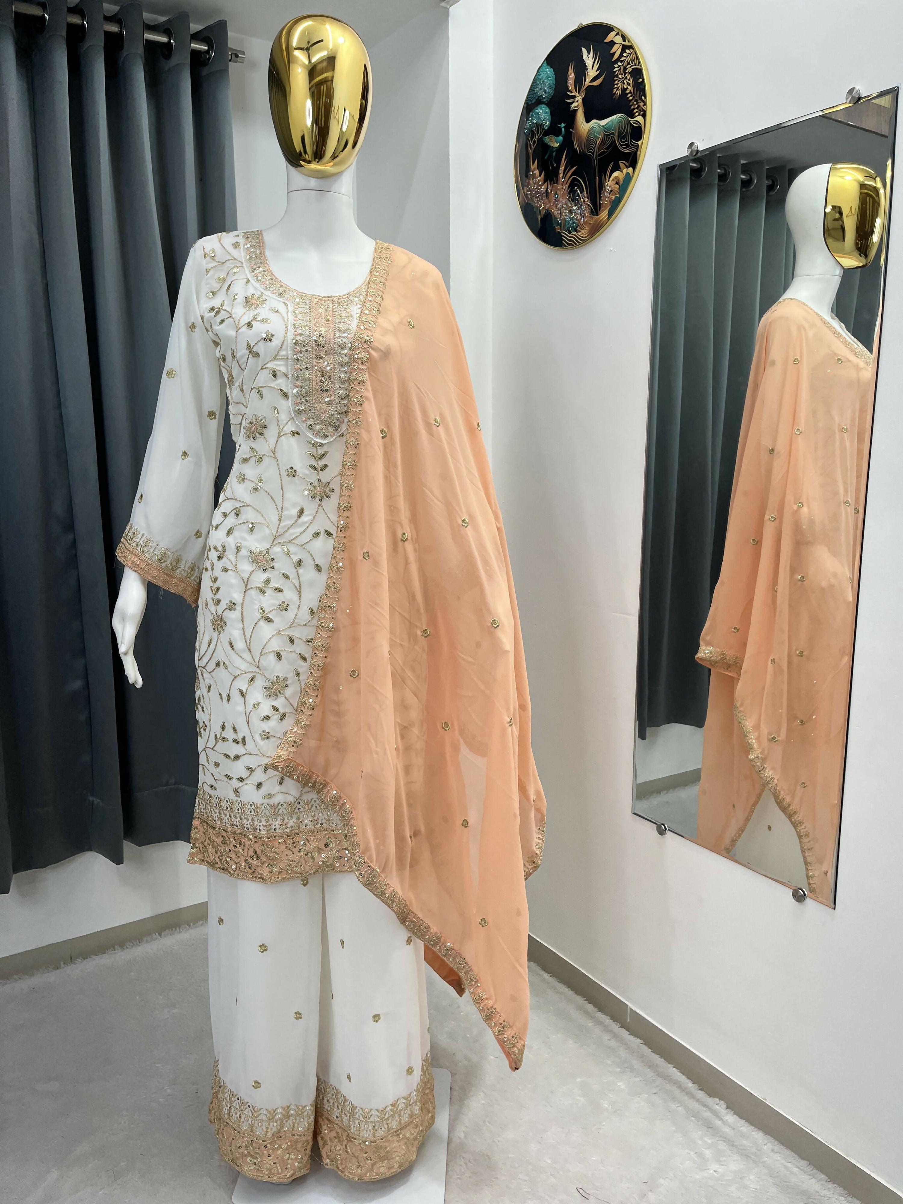 Teeya Creation White Color Faux Georgette Embroidery Work Long Party Wear Palazzo Suit | Grocsy