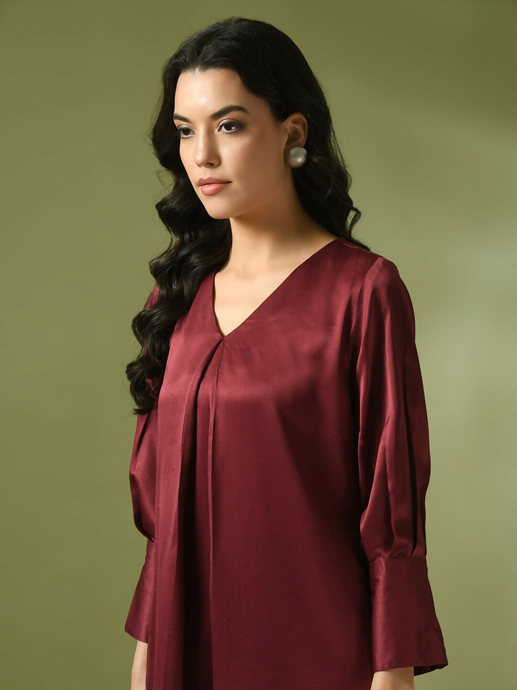 Myshka Women's Maroon Solid Satin V-Neck Party Tunic With Trousers Co-ord set | Grocsy