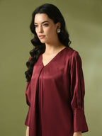 Myshka Women's Maroon Solid Satin V-Neck Party Tunic With Trousers Co-ord set | Grocsy