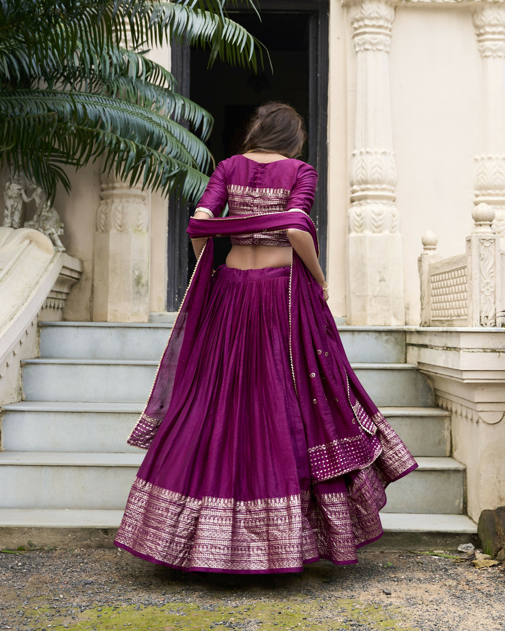 Lorenvalley Wine Pure Chanderi Plain With Zari Weaving Work Border Lehenga Choli | Grocsy