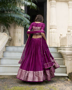 Lorenvalley Wine Pure Chanderi Plain With Zari Weaving Work Border Lehenga Choli | Grocsy
