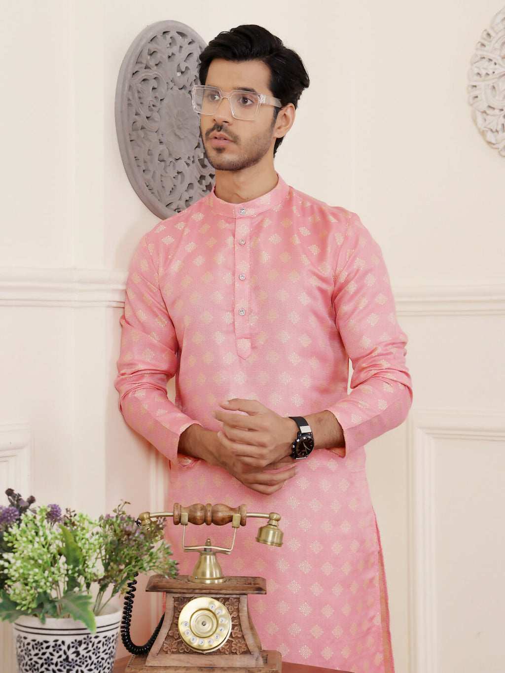 Pink Viscose Woven Jacquard Work Men's Rajwadi Kurta Set - Mahotsav | Grocsy
