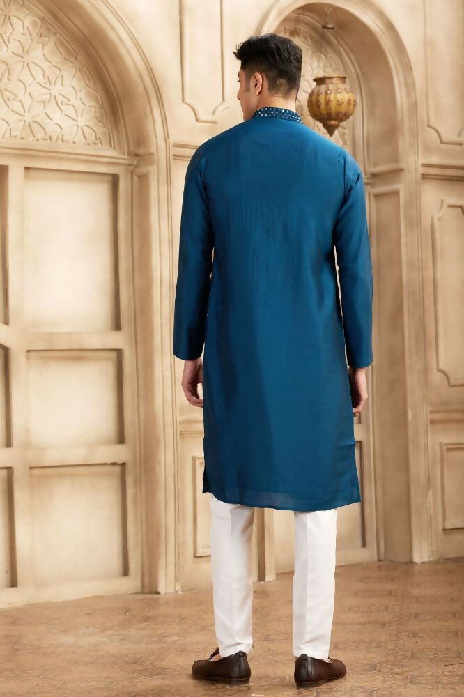 Raivat Ethnic Banarasi Art Silk Mirror Work Kurta Pajama In Blue Colour | Grocsy