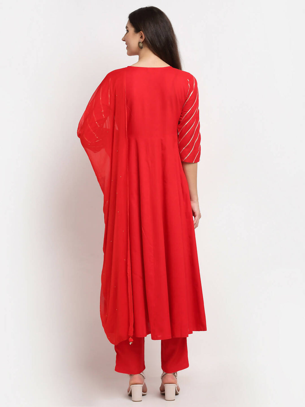 Rudra Bazaar Red Anarkali Kurti & Pyjamas With Dupatta | Grocsy