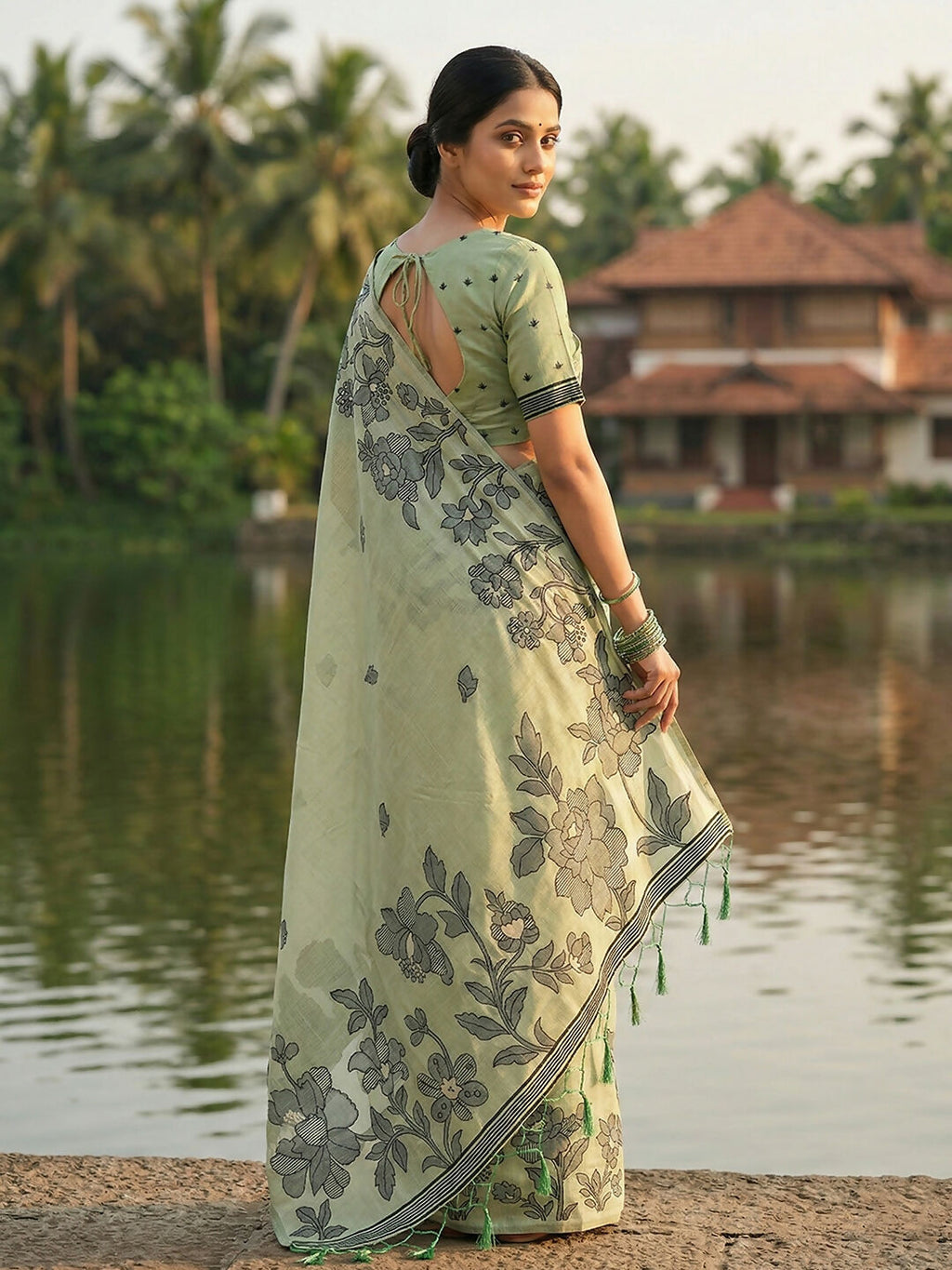 Shree Shyam Fashion Light Green Linen Cotton Saree | Grocsy