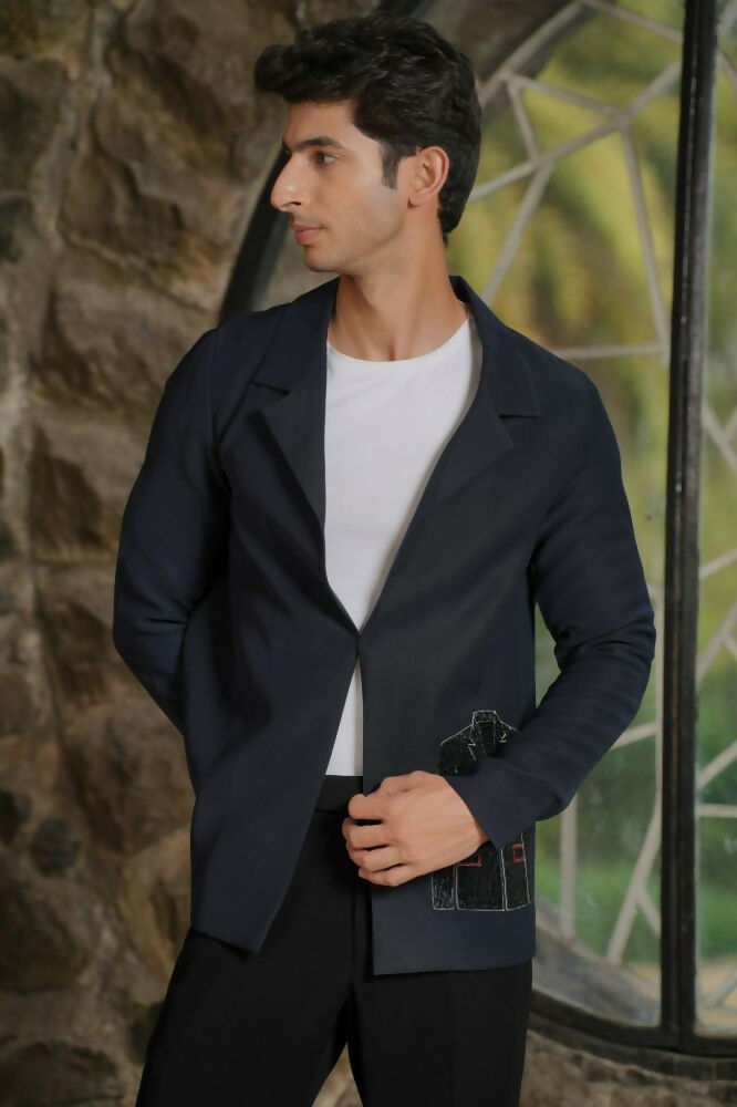 Noir Canvas Blazer – Black 4-Way Stretch Graphic Detail Suit For Men | Wedding & Party Wear by Hilo Design | Grocsy
