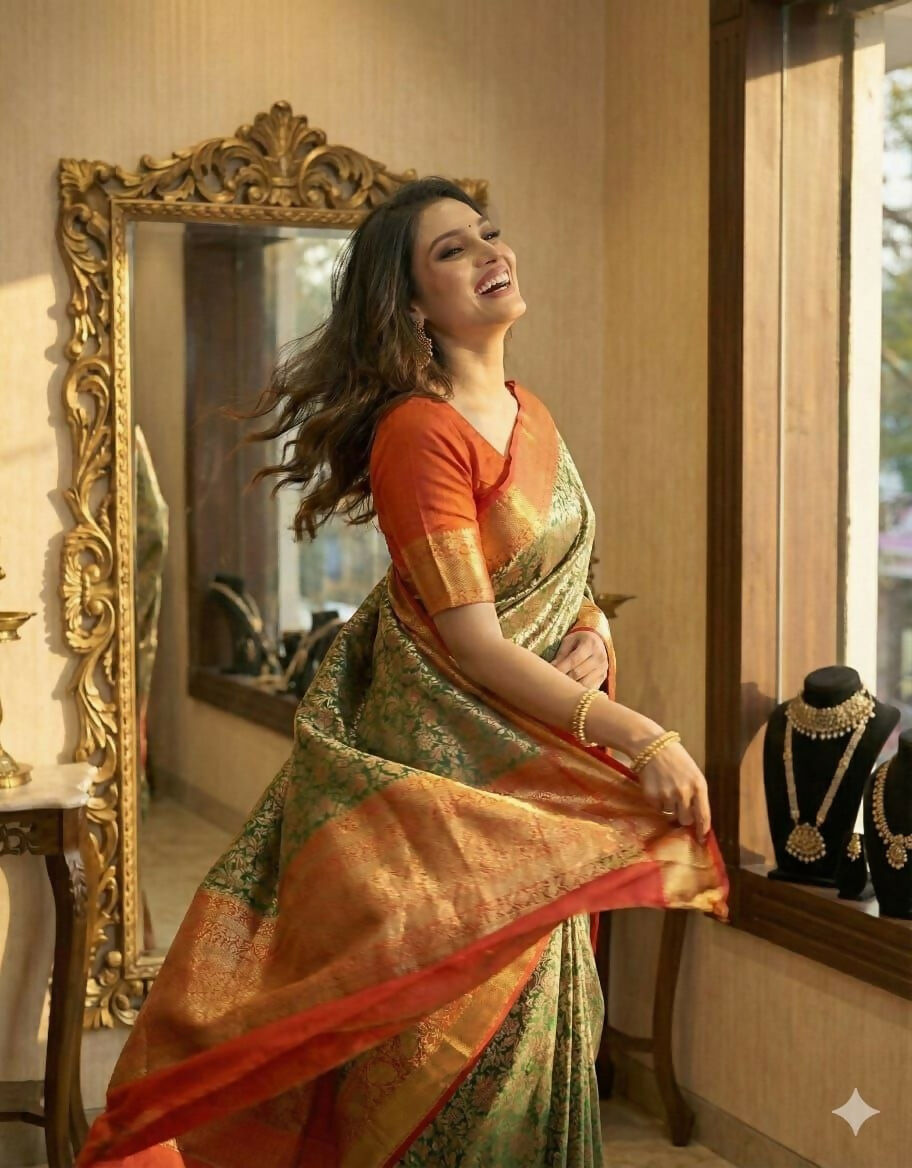Prime Volt Royal Kanjivaram Silk Saree in Green with Floral Zari Weaving & Red-Gold Pallu-Golden Orange With Red Edges | Grocsy