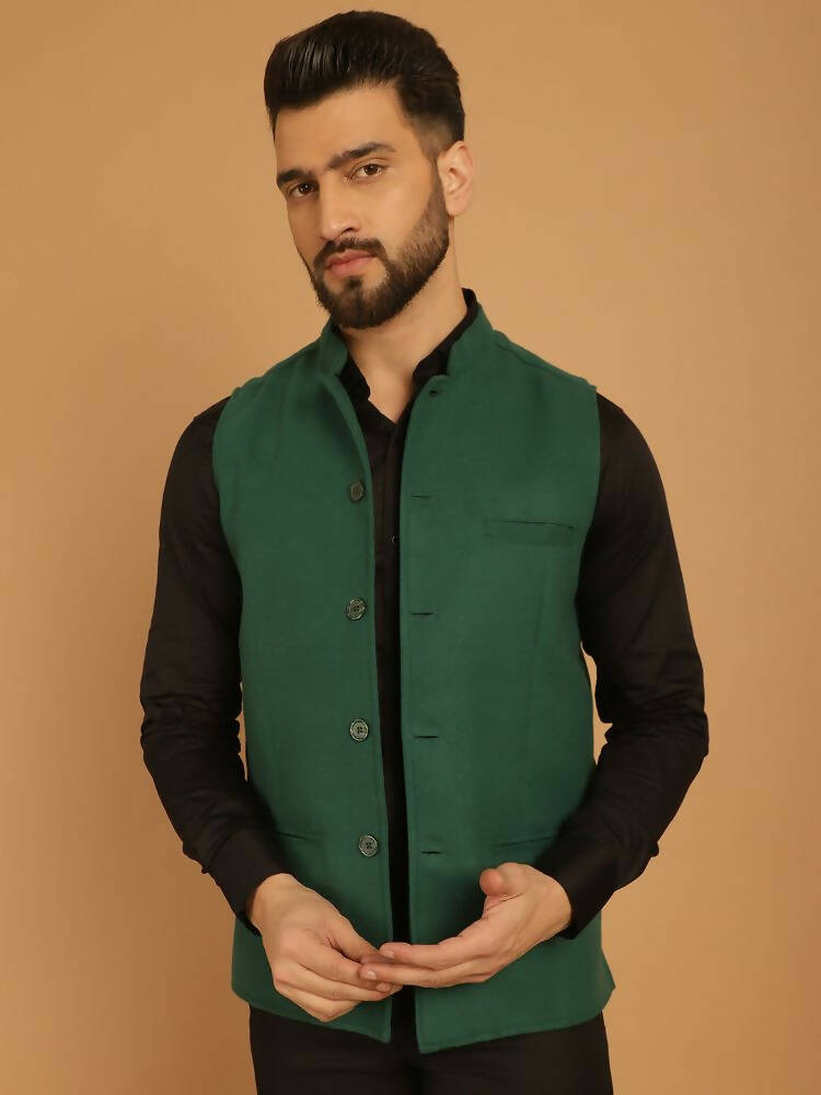 Even Apparels Pure Wool Nehru Jacket - Green | Grocsy