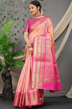 Jyoti Fashion Women's Peach Kanjivaram Silk Zari Woven Saree with Blouse | Grocsy