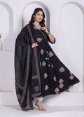 Miravan Black Printed Cotton Anarkali Kurta & Dupatta For Women | Grocsy