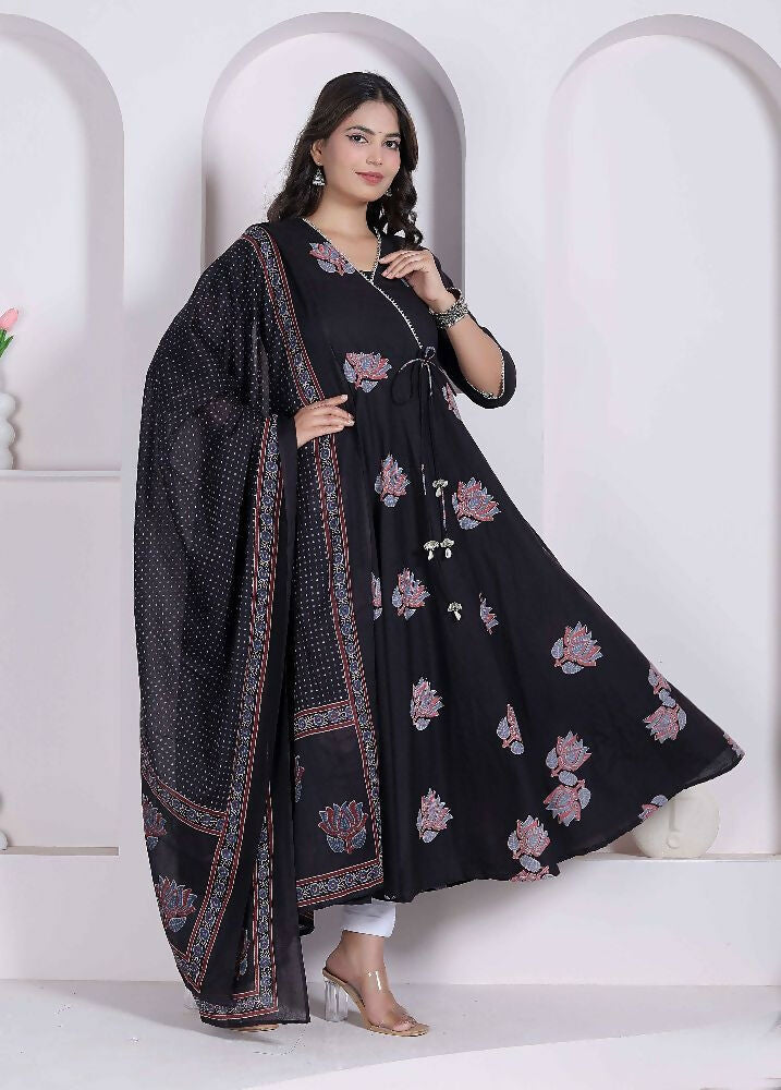 Miravan Black Printed Cotton Anarkali Kurta & Dupatta For Women | Grocsy