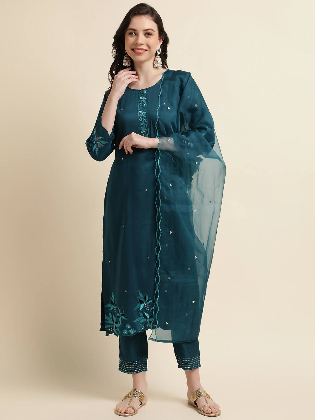 Teal Chinon Silk Embroidered Straight Kurta with Trouser & Dupatta - Salimar | Grocsy