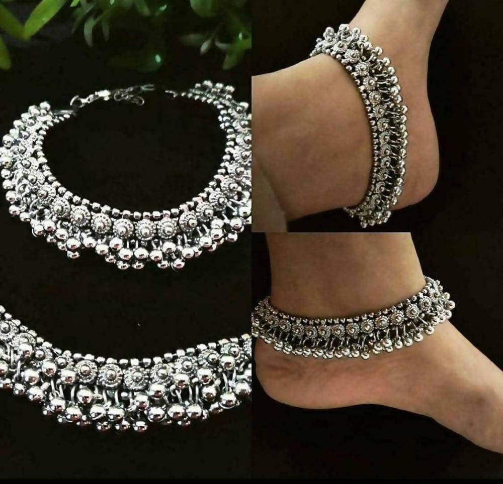 Mominos Fashion Trendy Oxidised Silver Plated Traditional Anklets | Grocsy