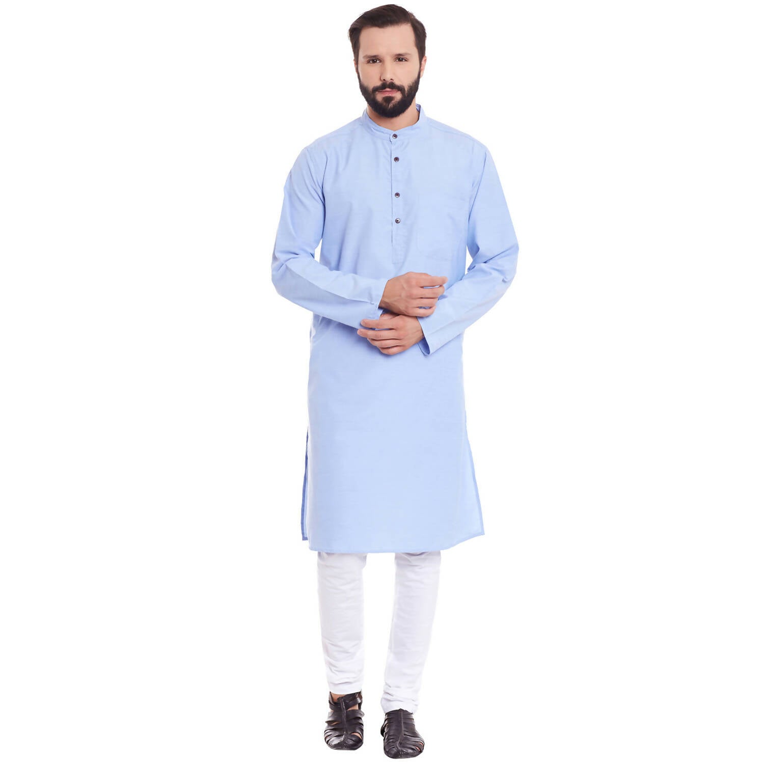 Even Apparels Blue Color Pure Cotton Men's Kurta With Band Collar | Grocsy