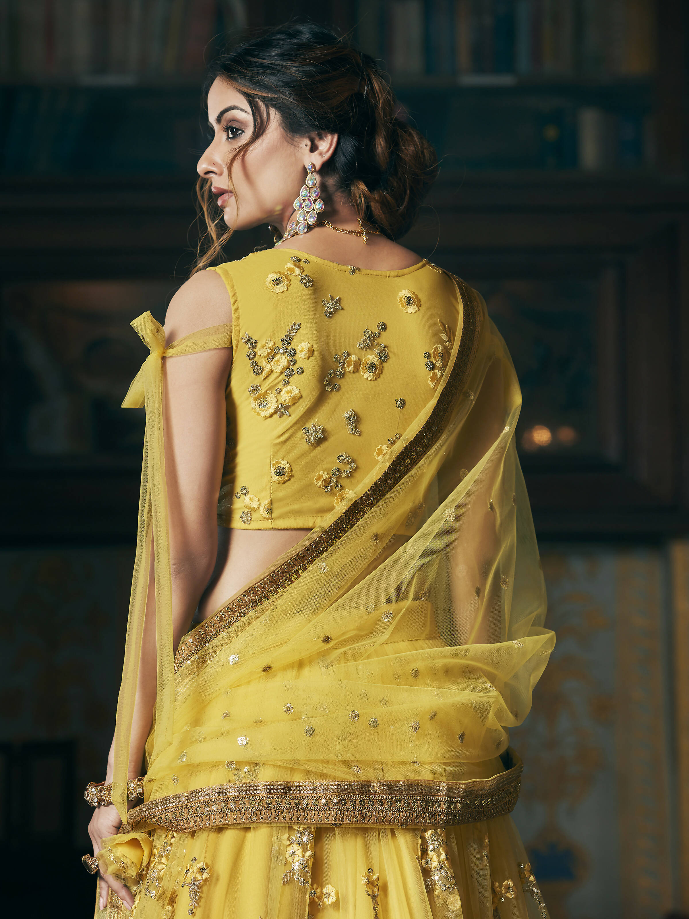 Wedding Designer Sequene Zari Resham Embroidery Yellow Net Lahengha Choli - Anbazaar | Grocsy