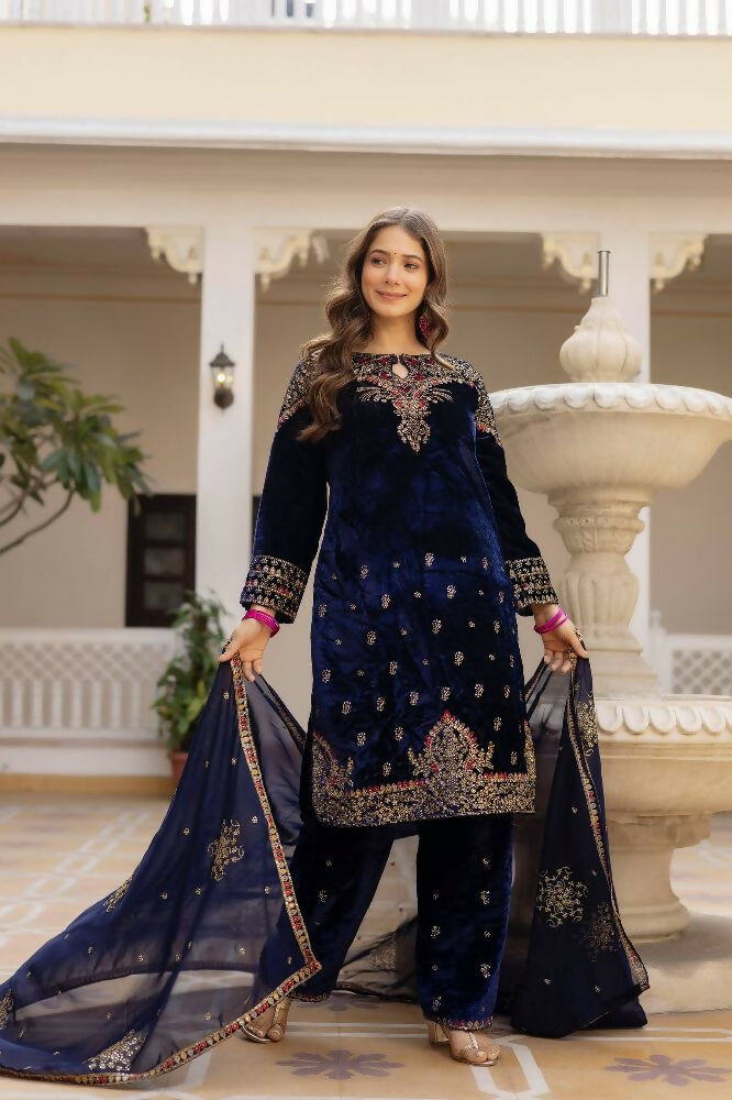 Teeya Creation Blue Color Pure Velvet Embroidery Work Wedding Wear Salwar Suit | Grocsy