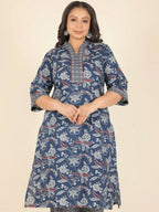 Aramya Blue Soft Cotton Floral Straight Kurta for Women | Grocsy