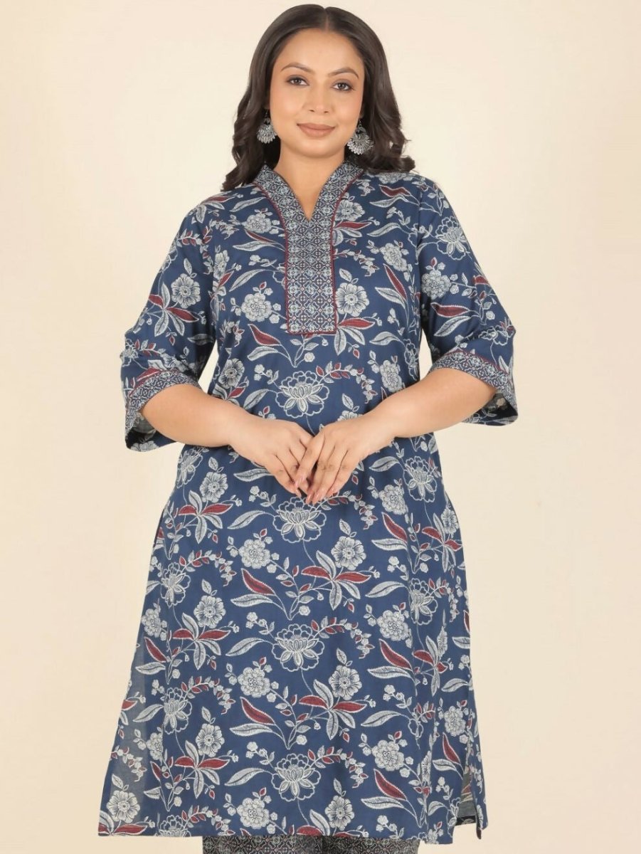 Aramya Blue Soft Cotton Floral Straight Kurta for Women | Grocsy