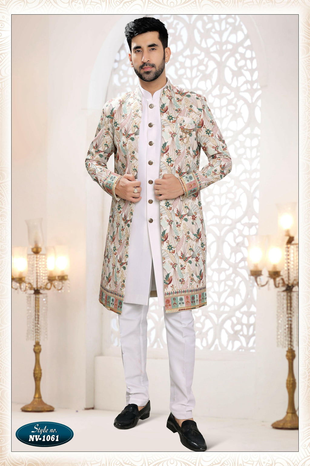 Joban Fashion Men's White Straight Silk Thread And Sequence Embroidery All Over 3 Pc Kurta Set | Grocsy