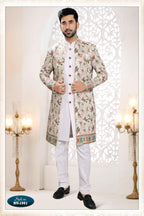 Joban Fashion Men's White Straight Silk Thread And Sequence Embroidery All Over 3 Pc Kurta Set | Grocsy