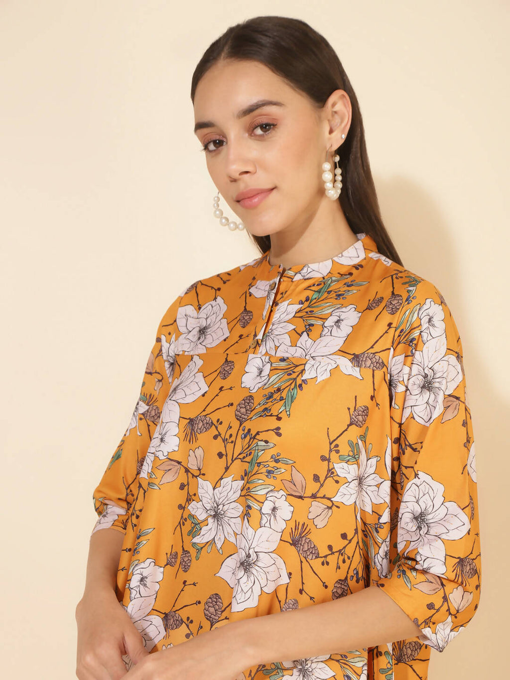 Janasya Women's Mustard Moss Digital Floral Printed Casual A-line Co-ords | Grocsy