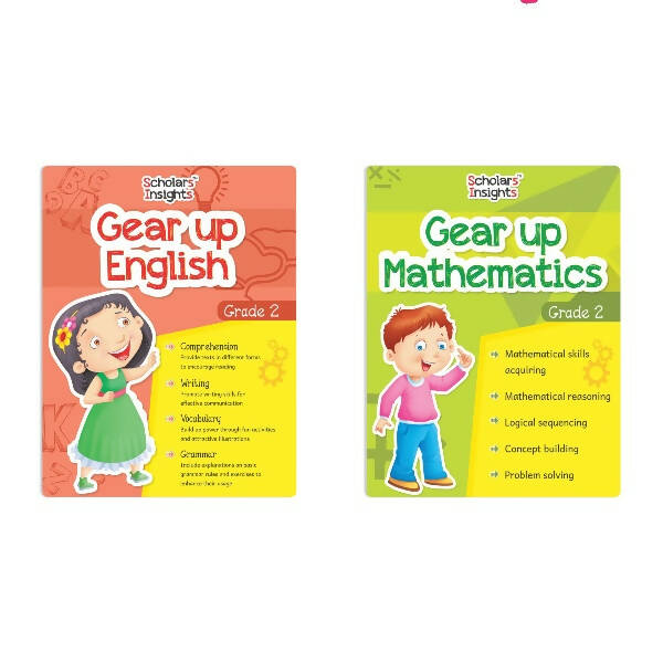 Scholars Insights Gear Up English & Maths Grade 2 Books Set of 2|Grammar Skills, Logical Reasoning, Problem Solving Book for Kids| Ages 7-8 Years | Grocsy
