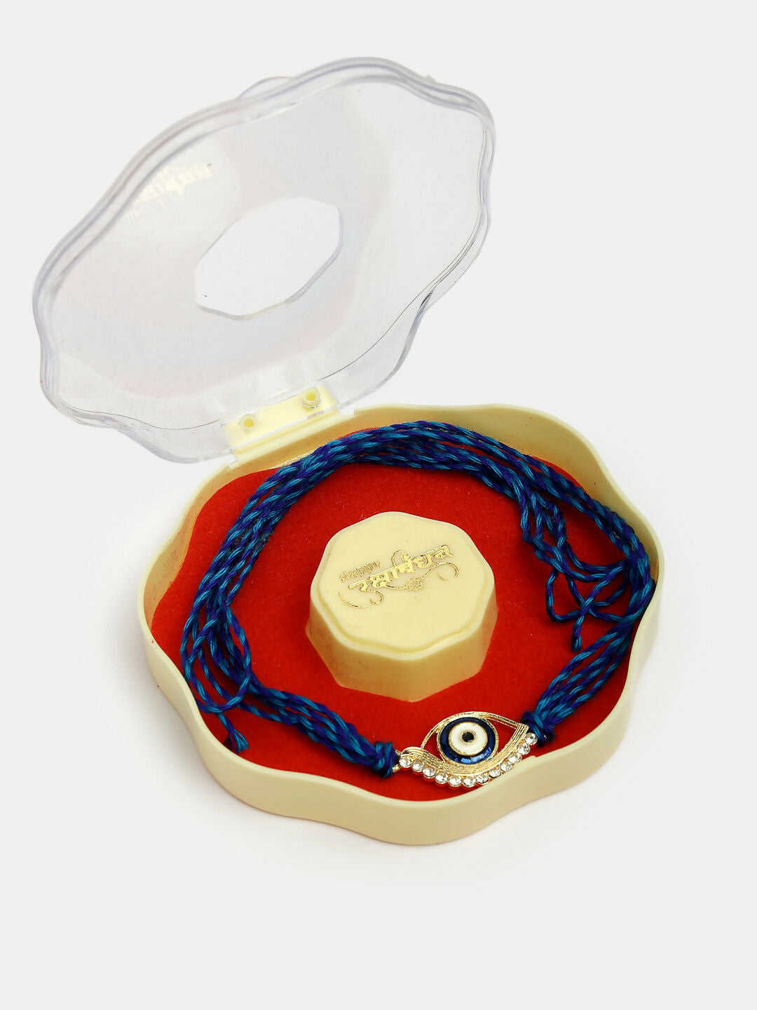 NVR Women & Men Set of 2 Blue Evil Eye Bhaiya Bhabhi Rakhi Set With Roli Chawal & Chocolate | Grocsy