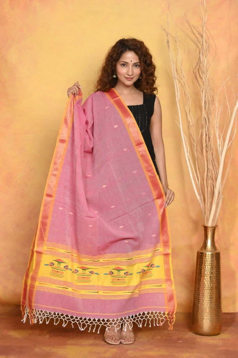 Very Much Indian Handloom Pure Cotton Paithani Dupatta Pink | Grocsy