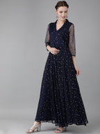 Ahalyaa Navy Blue Net & Crepe Silver Toned Polka Dots Printed Maxi Dress | Grocsy