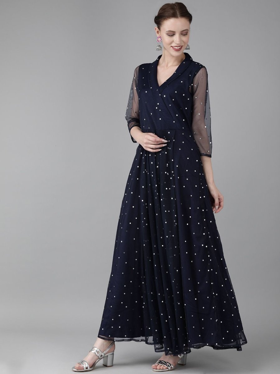 Ahalyaa Navy Blue Net & Crepe Silver Toned Polka Dots Printed Maxi Dress | Grocsy