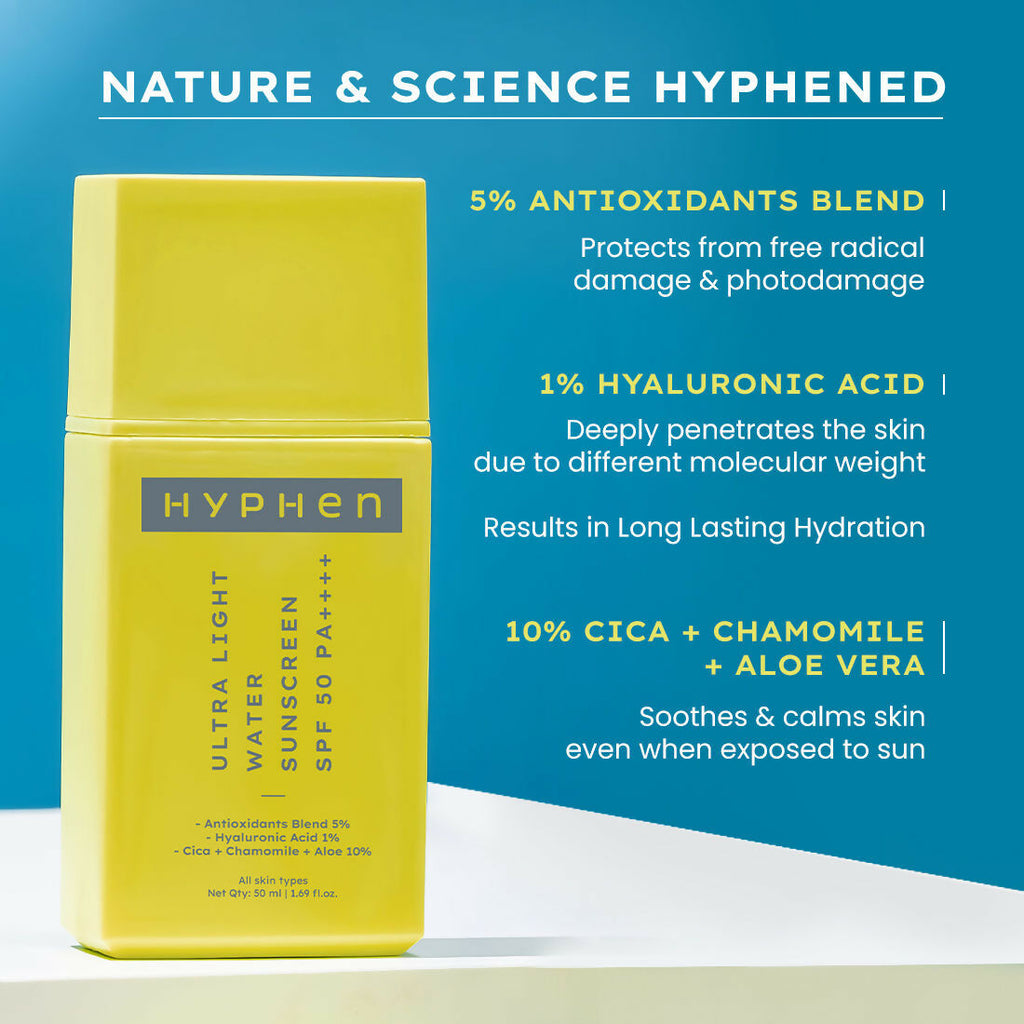Hyphen By Kriti Sanon Ultra Light Water Sunscreen SPF 50 PA++++ UVA-UVB & Blue Light Protection, No White Cast, For Men & Women | Grocsy