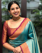 DEIANA'S Beautiful Designer Golden zari Soft Lichi Silk Saree - Sky Blue | Grocsy