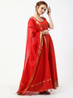 Cheera Women's Red Cotton Hand Block Print Long Dress With Silk Dupatta Set | Grocsy
