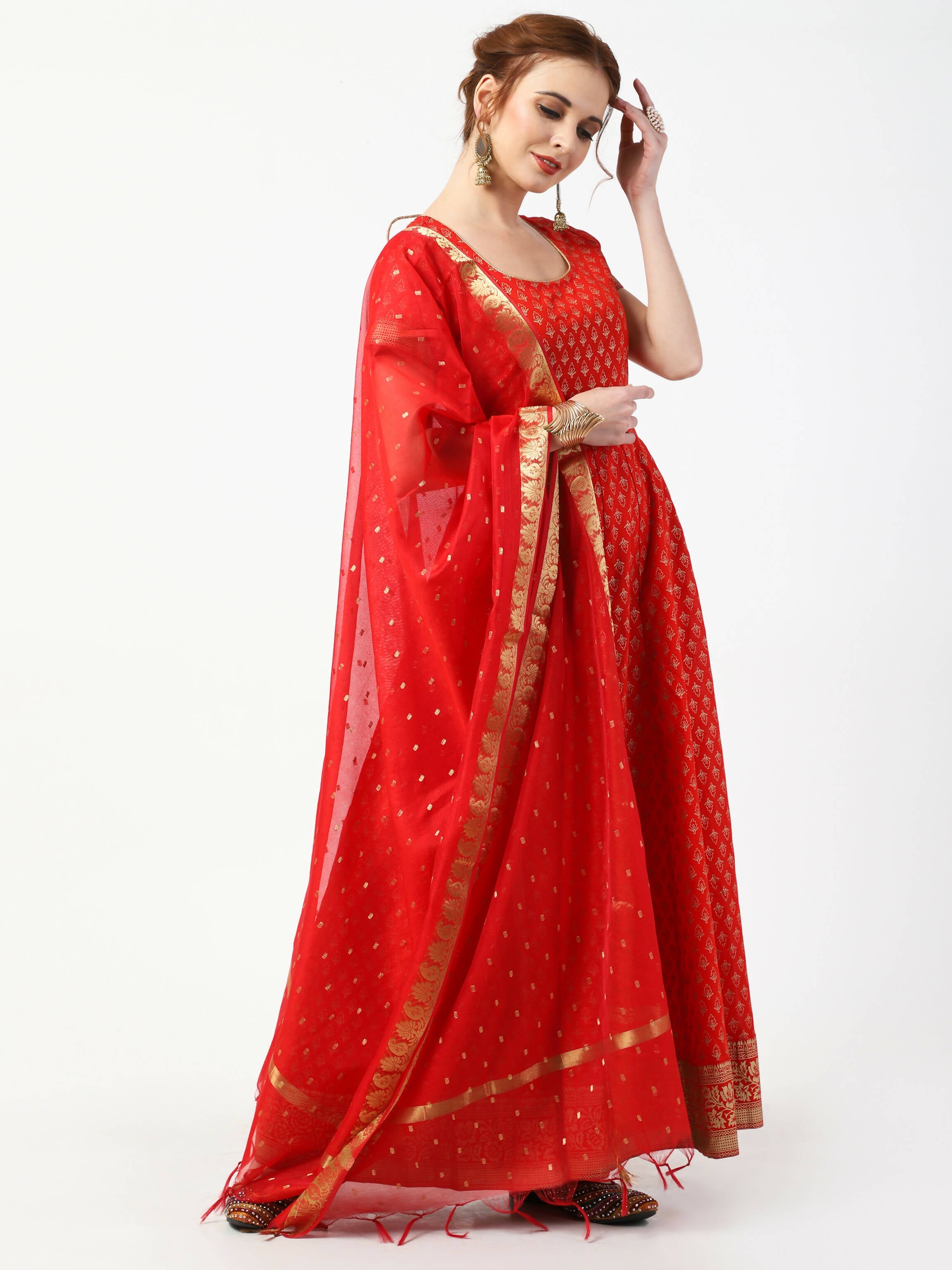 Cheera Women's Red Cotton Hand Block Print Long Dress With Silk Dupatta Set | Grocsy