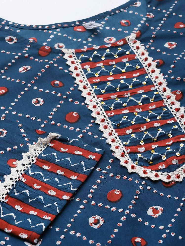 Yufta Women Blue & White Printed Pure Cotton Kurta with Palazzo & With Dupatta | Grocsy