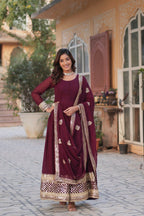 Vastranavya Premium Designer Faux Blooming with Embroidery Zari Sequins work Gown - Maroon | Grocsy