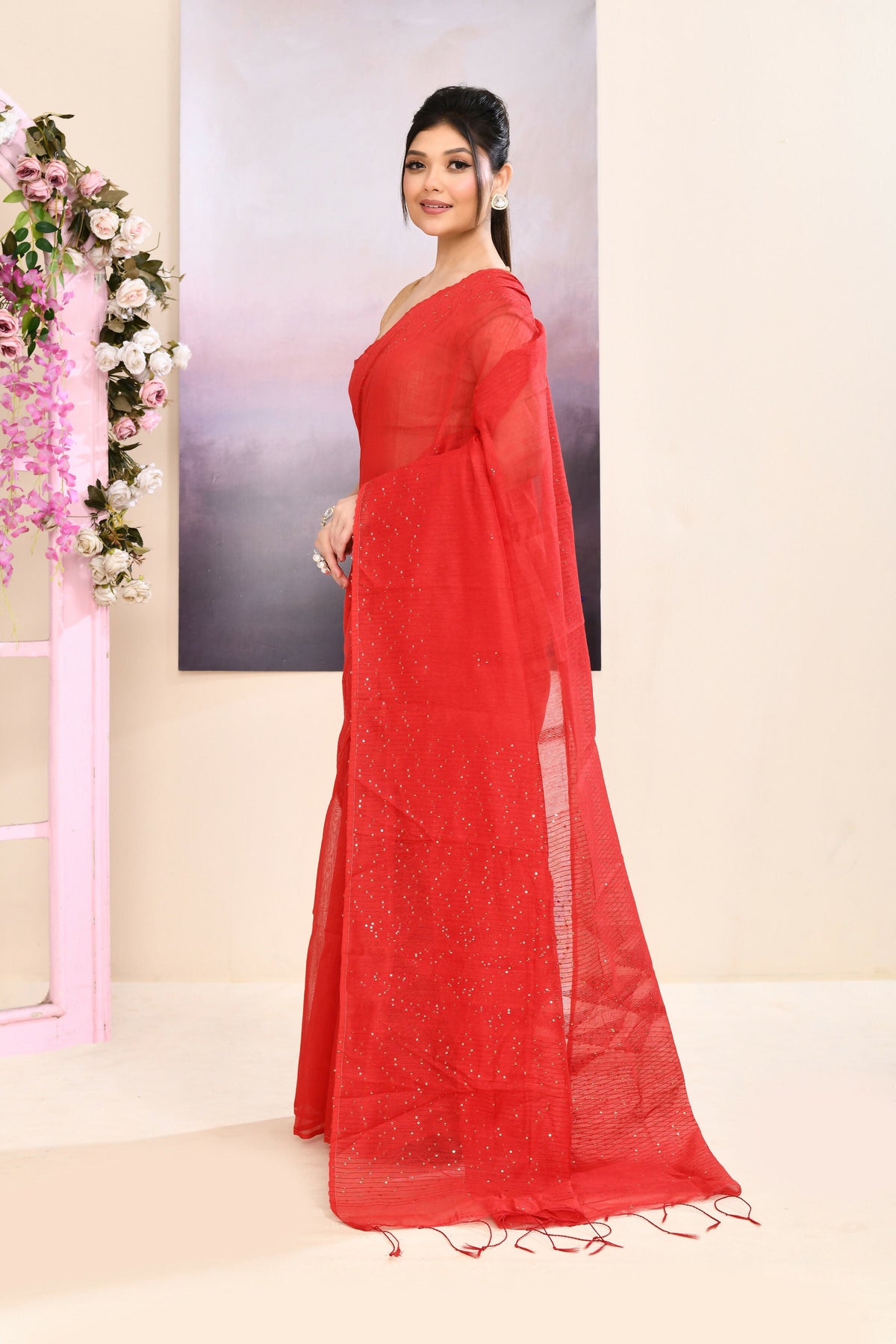 Piyari Fashion Women's Red Self Sequins Embellished Cotton Blend Jamdani Saree | Grocsy