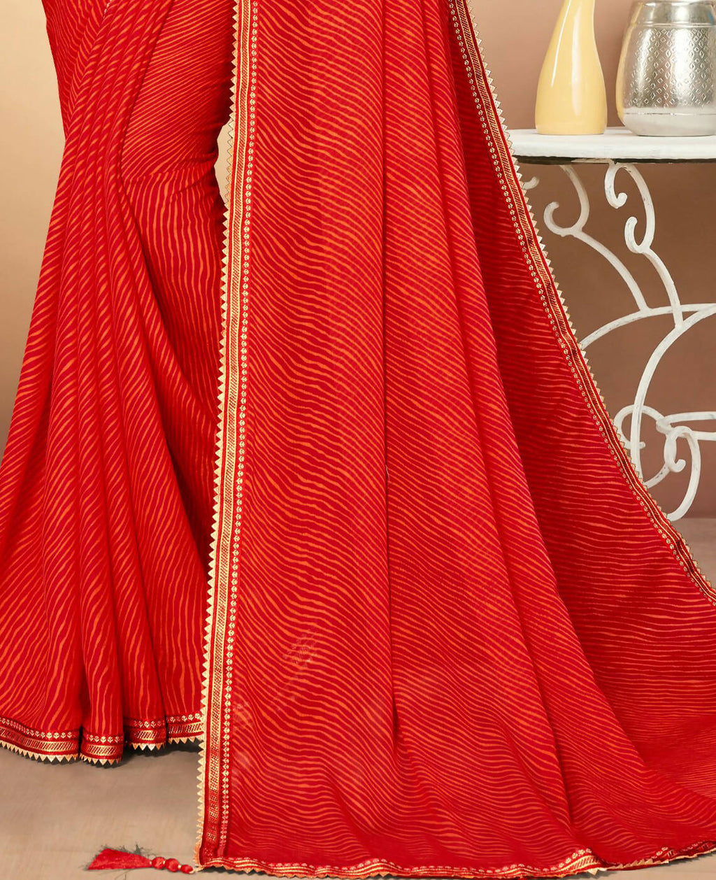 Red Chiffon Leheriya Printed Saree With Unstitched Blouse Piece - Swarna | Grocsy
