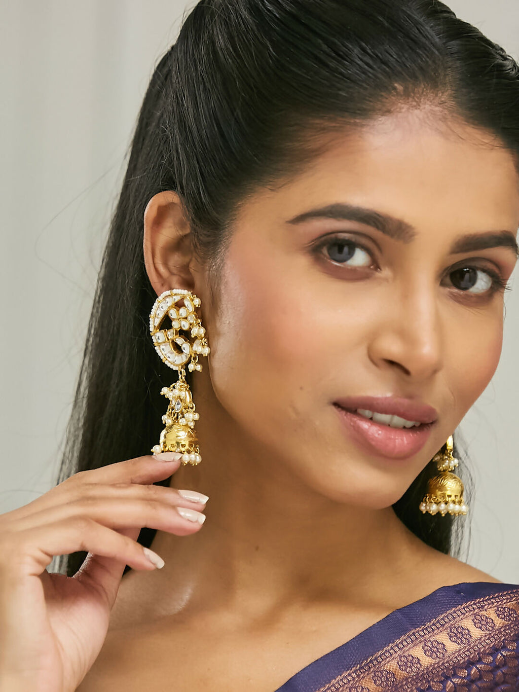Nuyug 22K Gold-Plated Elegant Kundan Stone Studded & Pearl Drops Mini Jhumki Dangler Earrings | Grocsy