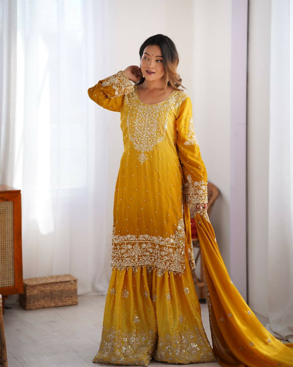 The52 Women's Beautiful Chinon silk Fabric Embroidery Work Straight Kurta Palazzo and Dupatta Set | Grocsy