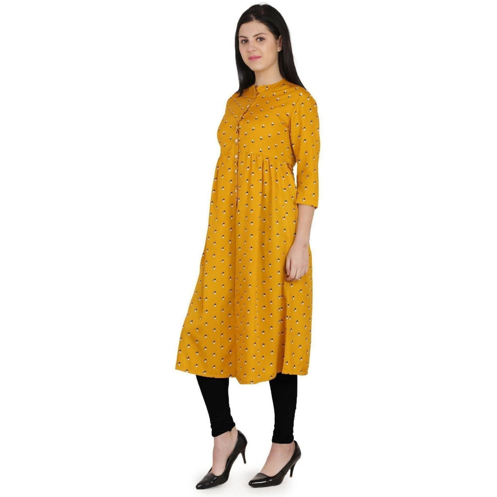 Kanoor Women's Yellow A Line Round Neck Kurti | Grocsy