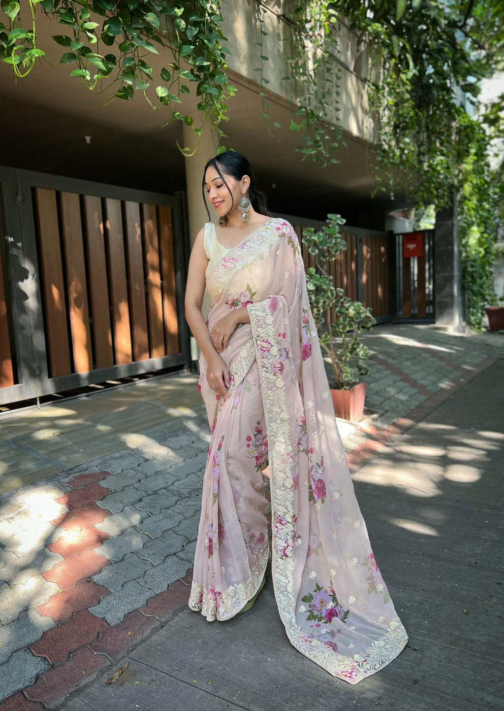 Vamsee Subh Laxmi Beige Georgette Saree | Grocsy