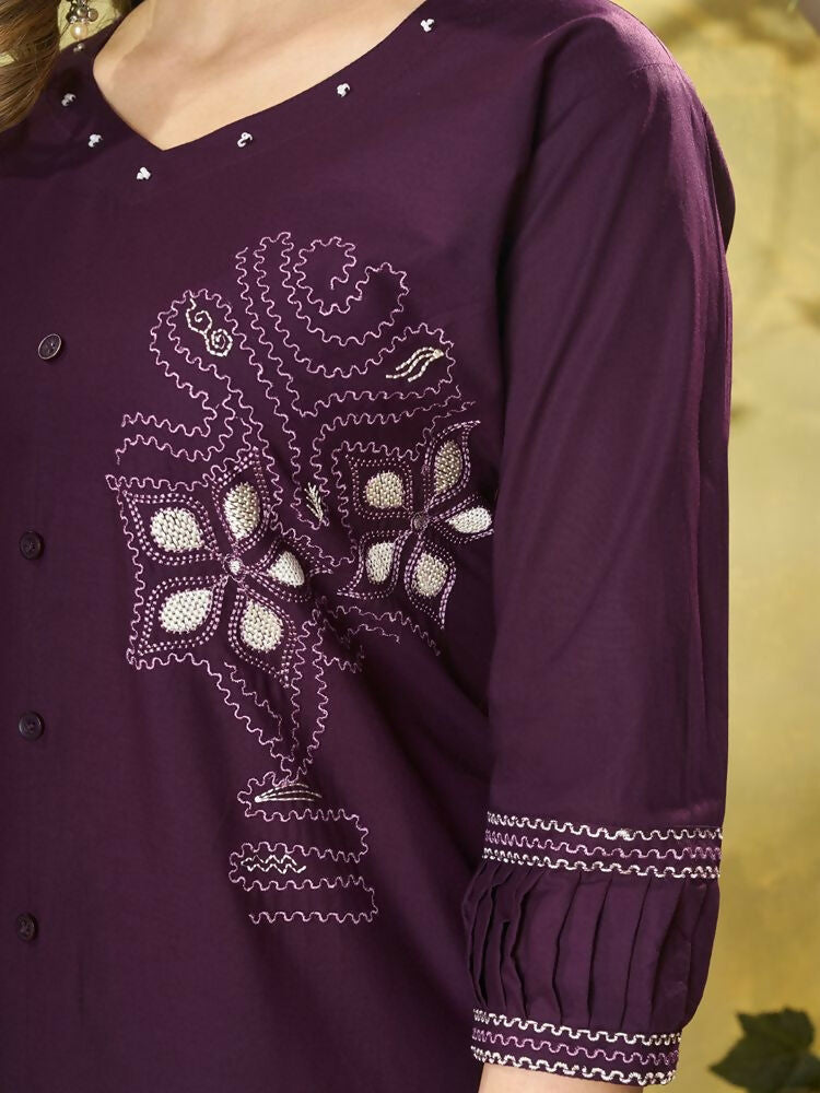 Teeya Creation Wine Embroidered Cotton Co-ord Set for Women | Grocsy