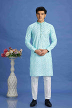 Raivat Ethnic Cotton Embroidery Kurta Pajama In Sky Blue Colour | Grocsy